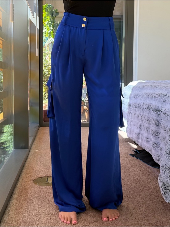 Ramy Brook Pants - Ramy Brook Blue Satin Wide Leg Dress Pants